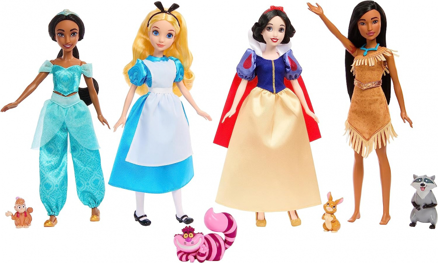 Disney 100 8-Pack doll set from Mattel with Snow White, Alice in Wonderland, Tinker Bell, Jasmine from Aladdin, Pocahontas, Anna and Elsa from Frozen, and Moana