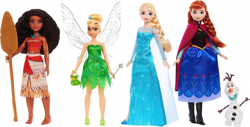 Disney 100 8-Pack doll set from Mattel with Snow White, Alice in Wonderland, Tinker Bell, Jasmine from Aladdin, Pocahontas, Anna and Elsa from Frozen, and Moana