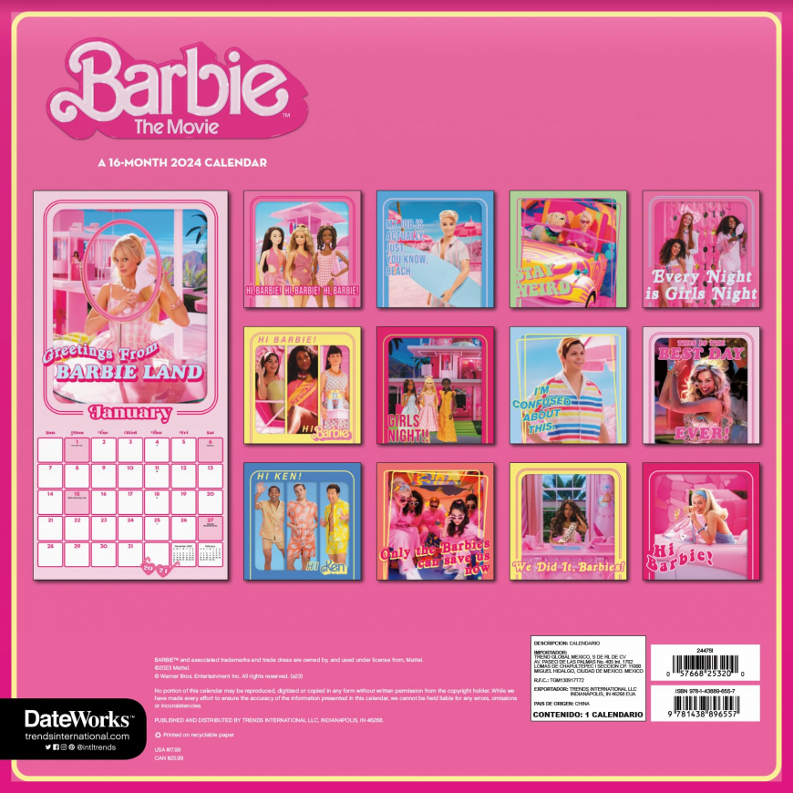 Barbie The Movie 2024 wall calendar