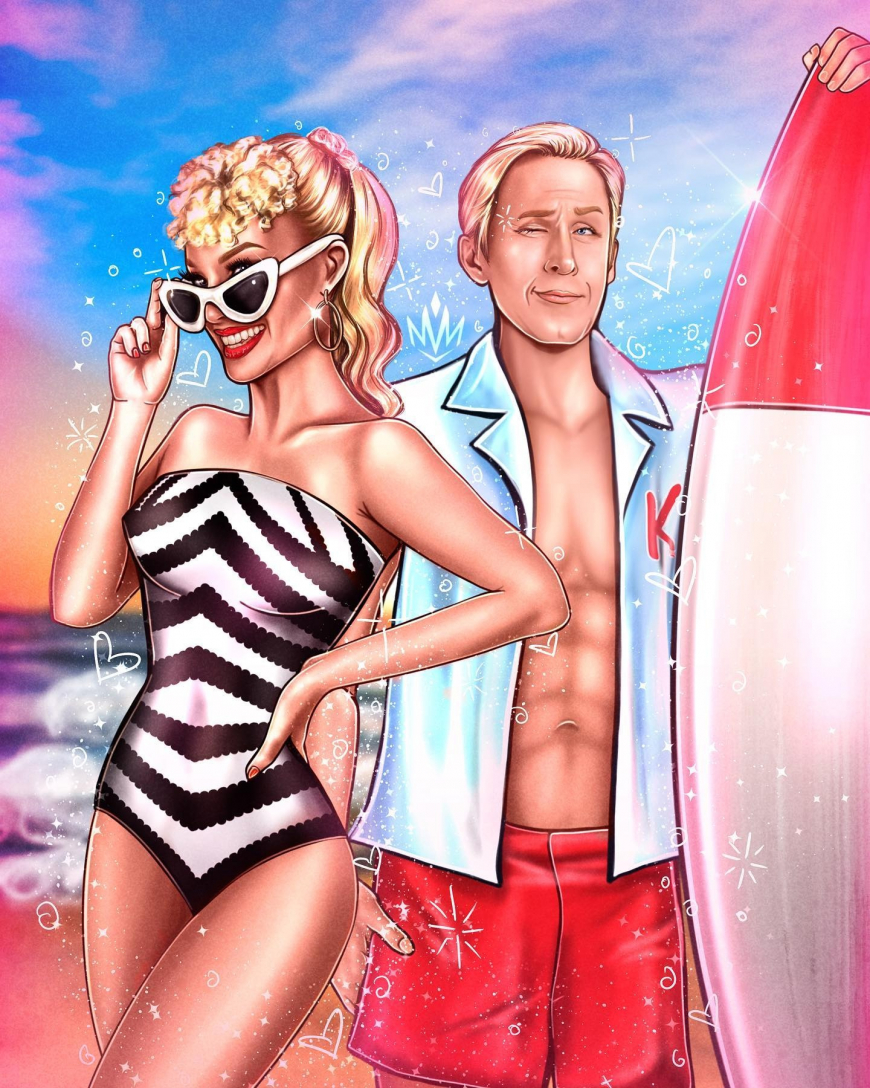 Barbie and Ken in swimsuits from movie fan art