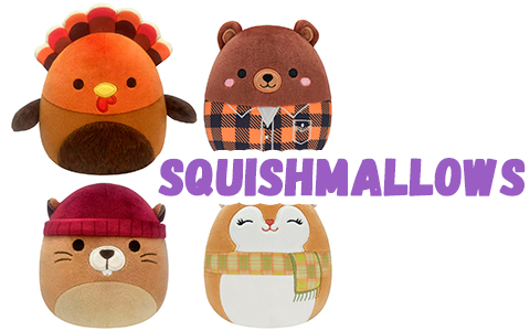 Fall themed Squishmallows 4-Pack with Turkey, Squirrel, Beaver and Brown Bear