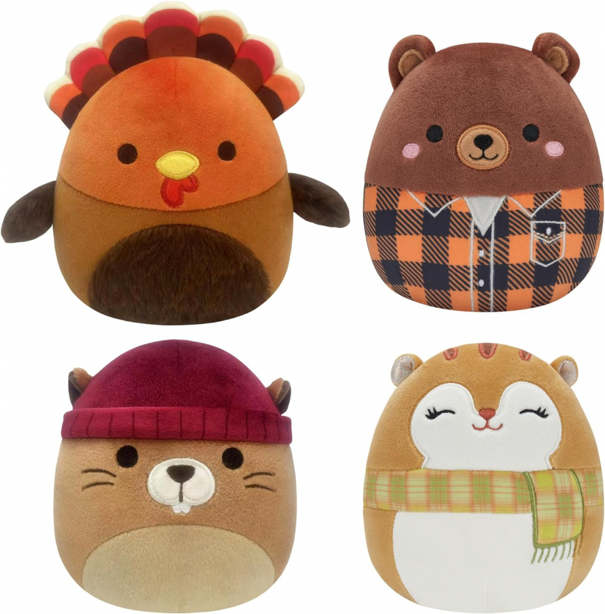 Fall themed Squishmallows 4-Pack with Turkey, Squirrel, Beaver and Brown Bear