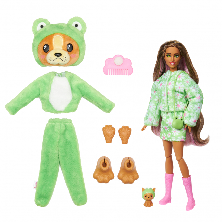 Barbie Cutie Reveal HRK24 doll puppy in a plush green frog costume