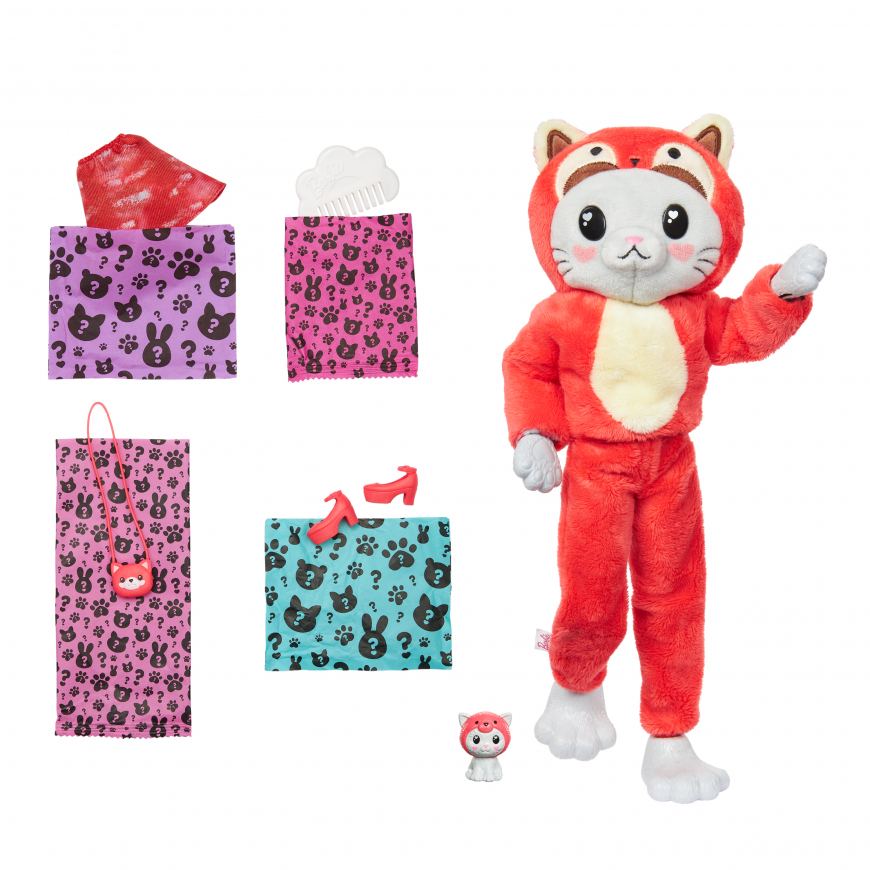 Barbie Cutie Reveal HRK23 doll kitten in a plush red panda costume