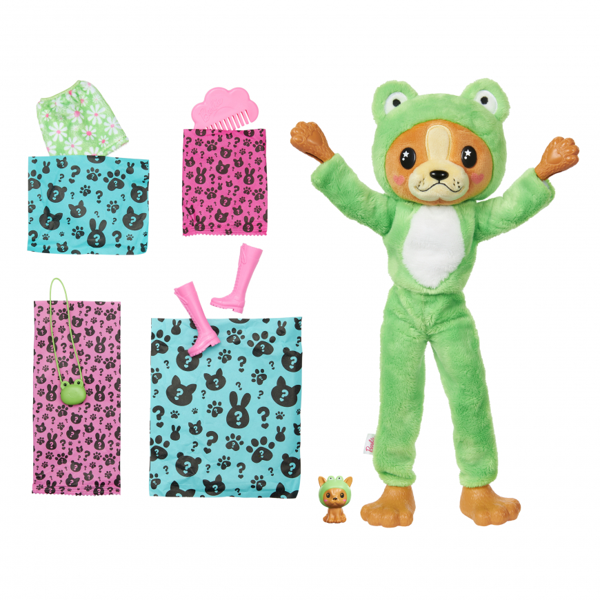 Barbie Cutie Reveal HRK24 doll puppy in a plush green frog costume