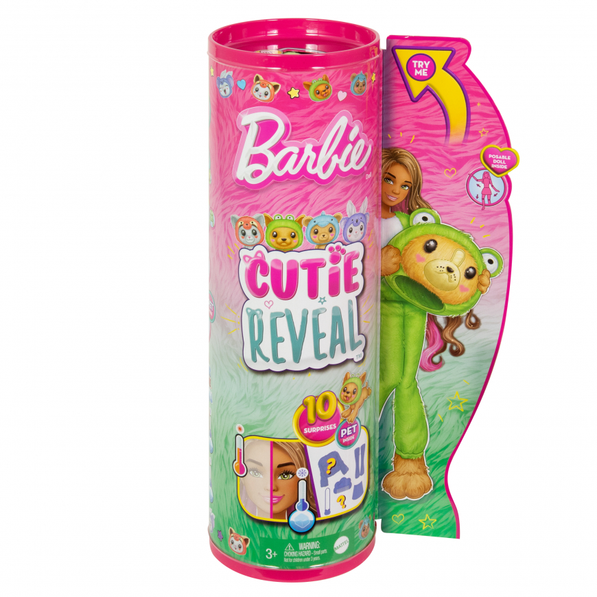 Barbie Cutie Reveal HRK24 doll puppy in a plush green frog costume