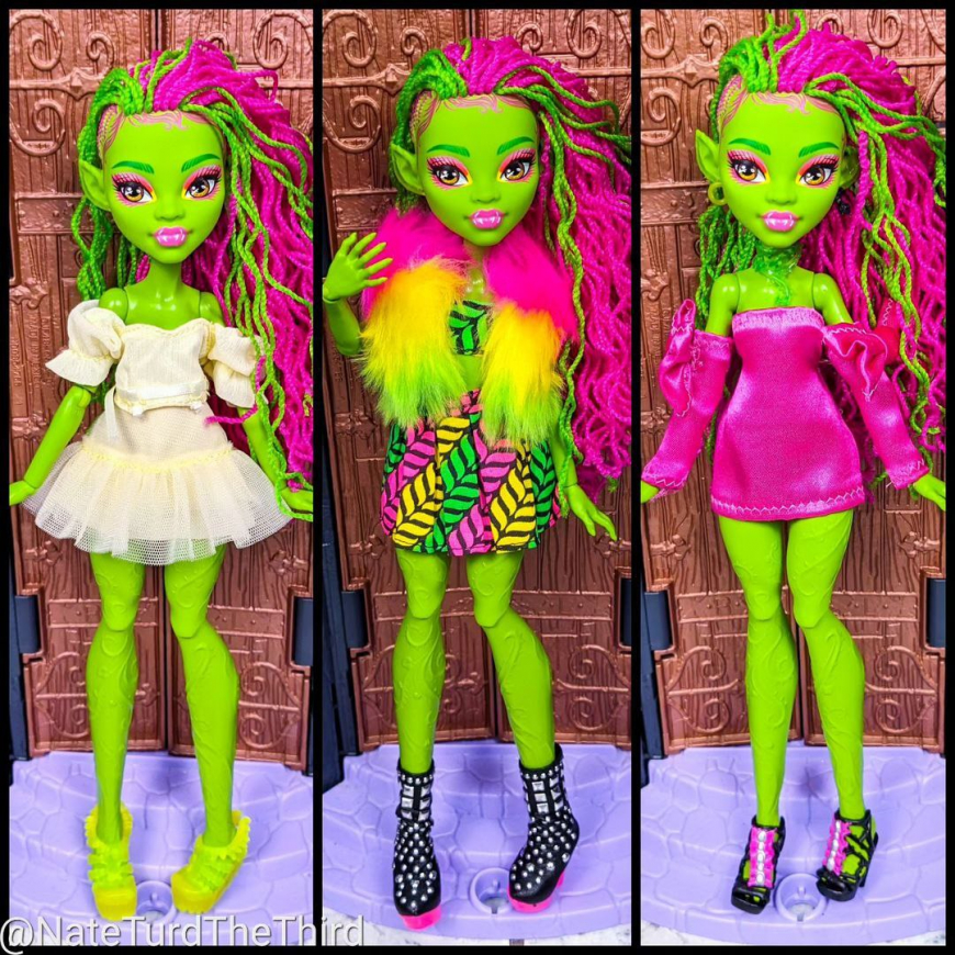 Venus McFlytrap G3 doll in other doll's outfits (Rainbow High, Monster High)