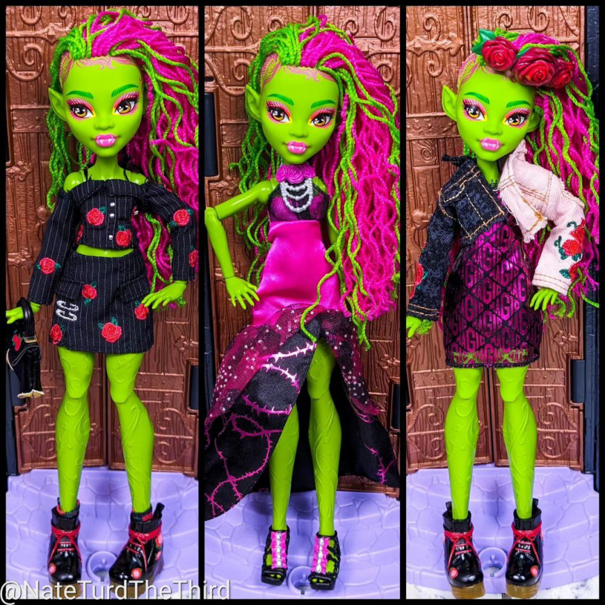 Venus McFlytrap G3 doll in other doll's outfits (Rainbow High, Monster High)