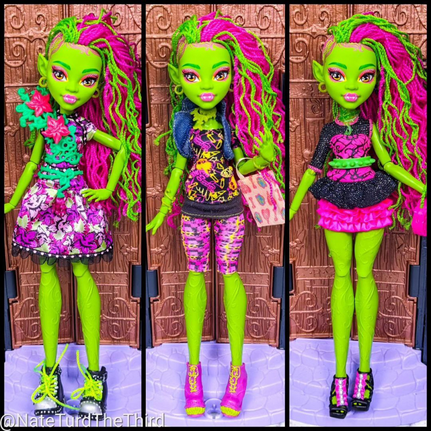 Venus McFlytrap G3 doll in other doll's outfits (Rainbow High, Monster High)