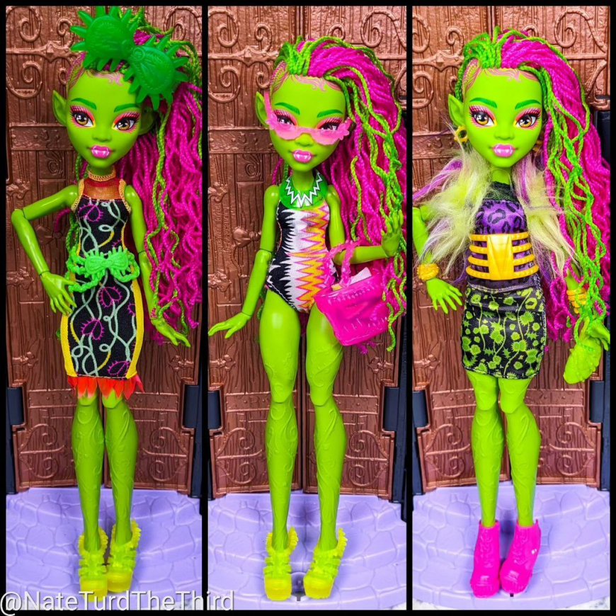 Venus McFlytrap G3 doll in other doll's outfits (Rainbow High, Monster High)