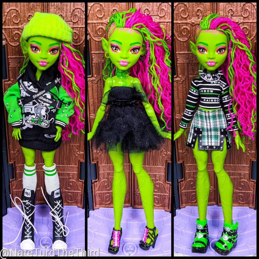 Venus McFlytrap G3 doll in other doll's outfits (Rainbow High, Monster High)