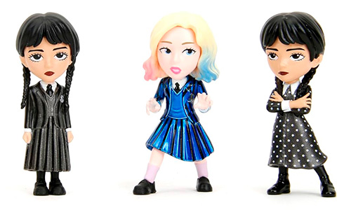 Wednesday Netflix 2.5" 4-Pack Die-Cast Figures Wednesday Adams Uniform, Wednesday Adams Dress, Enid Sinclair, Thing