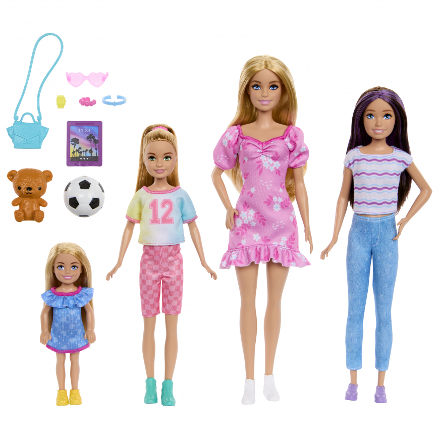 Barbie family set 2024 with Barbie, Skipper, Stacie, and Chelsea dolls