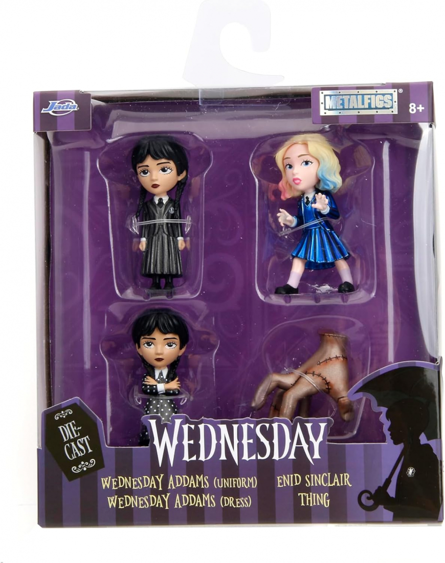 Wednesday Netflix 2.5" 4-Pack Die-Cast Figures Wednesday Adams Uniform, Wednesday Adams Dress, Enid Sinclair, Thing