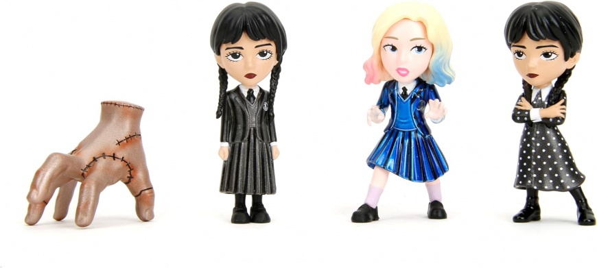 Wednesday Netflix 2.5" 4-Pack Die-Cast Figures Wednesday Adams Uniform, Wednesday Adams Dress, Enid Sinclair, Thing