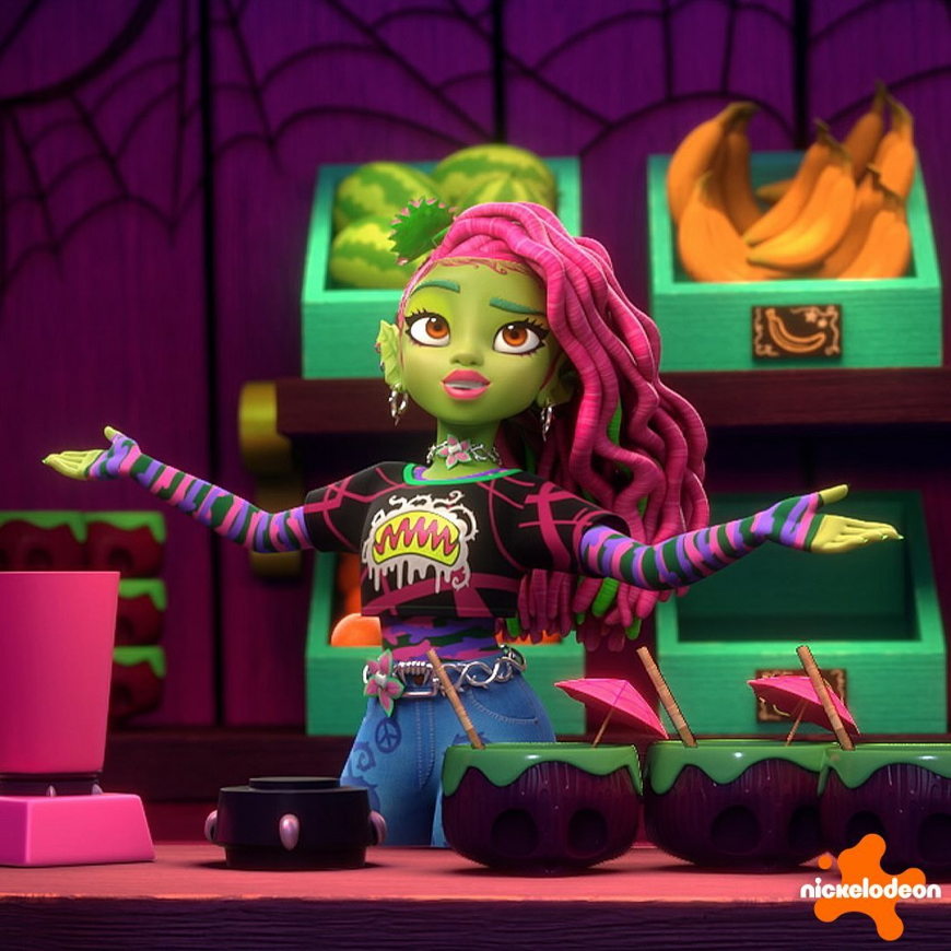 Monster High G3 Nickelodeon animated series season 2 Purrsephone and Meowlody, Scaredise outfits, Venus and Jinafire