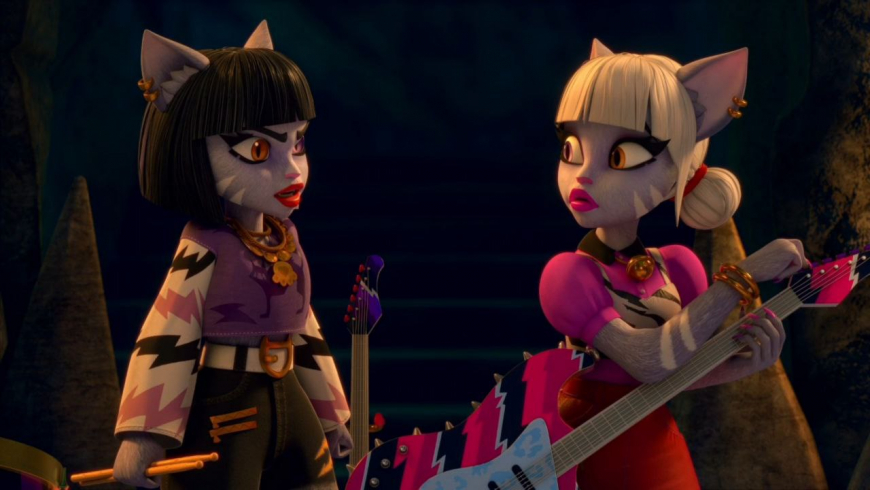 Monster High G3 Nickelodeon animated series season 2 Purrsephone and Meowlody, Scaredise outfits, Venus and Jinafire