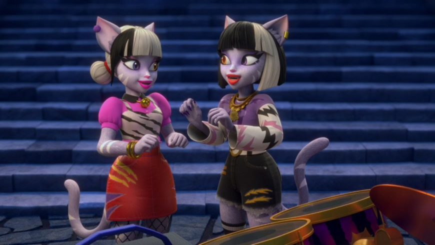 Monster High G3 Nickelodeon animated series season 2 Purrsephone and Meowlody, Scaredise outfits, Venus and Jinafire