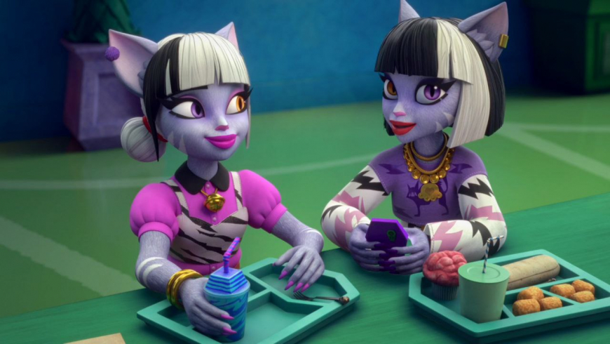 Monster High G3 Nickelodeon animated series season 2 Purrsephone and Meowlody, Scaredise outfits, Venus and Jinafire