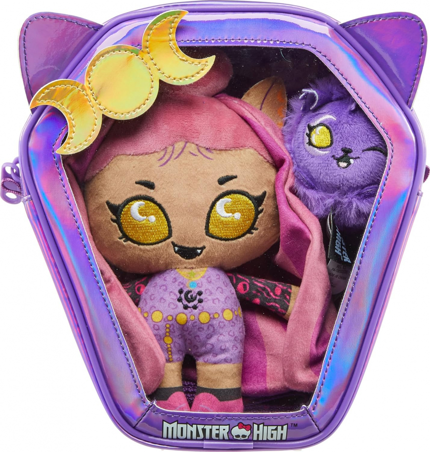Monster High Plush Doll Set -  Ghoul N Go Clawdeen Wolf and Crescent in Kid-Sized Backpack