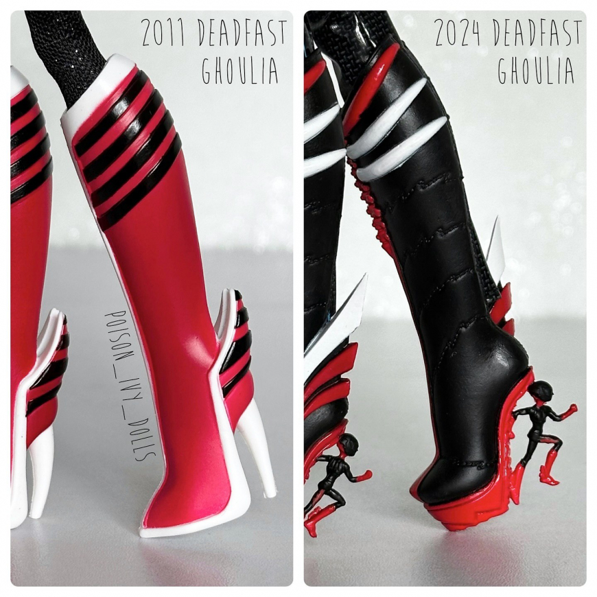 A comparison of the old and new Deadfast Ghoulia Yelps doll