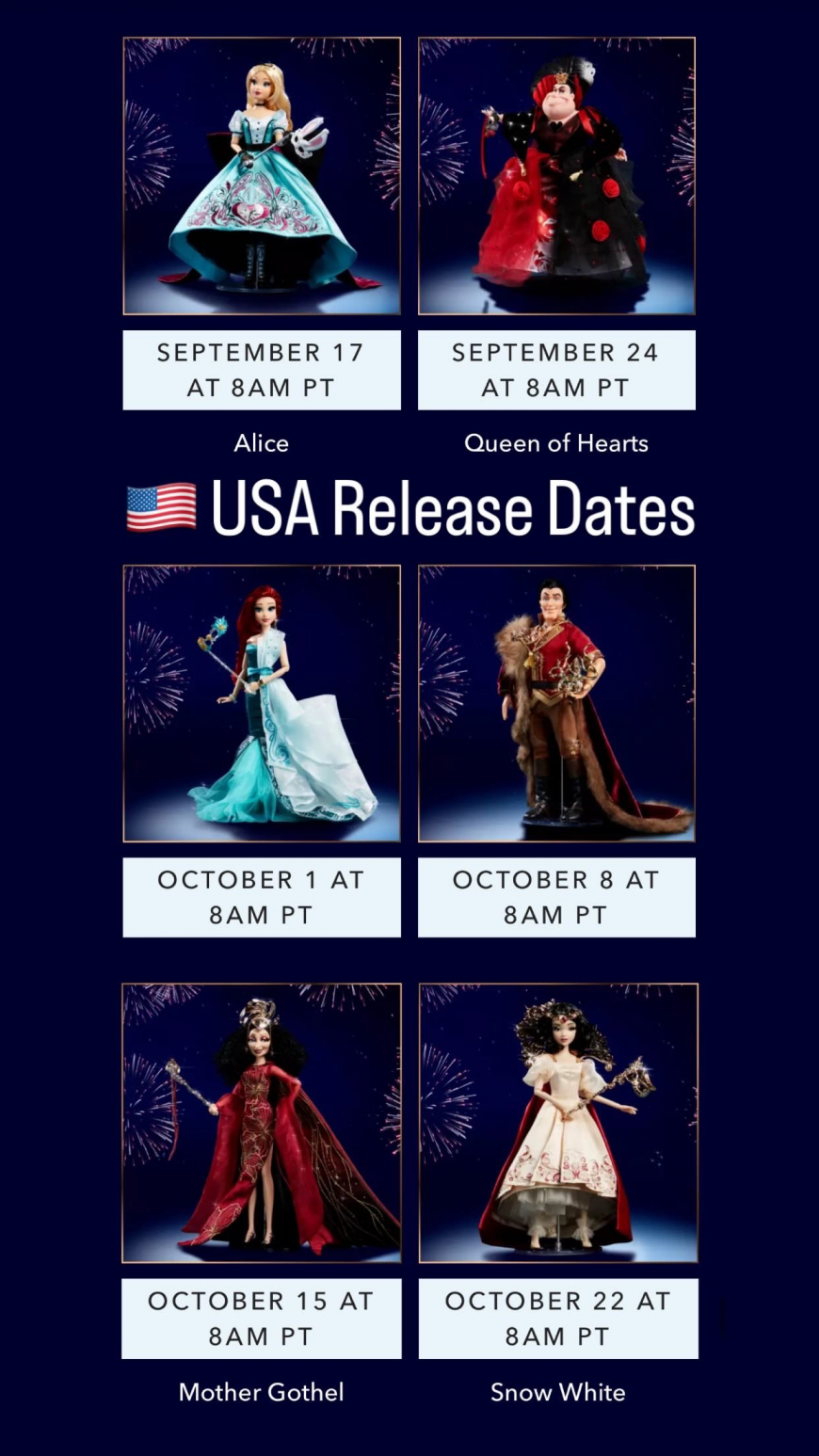 New 2024 Limited Edition Disney Designer Collection Midnight Masquerade dolls release dates in US