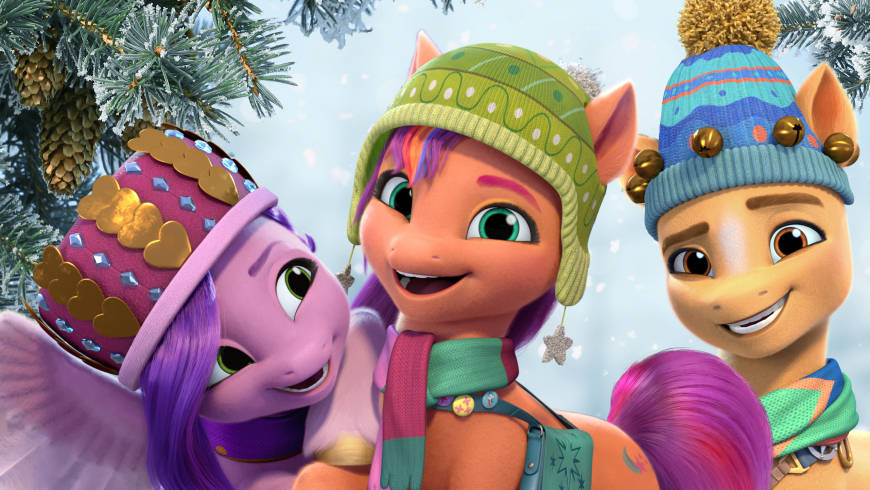 My Little Pony G5 Winter Christmas HD wallpaper Sunny Starscout, Zipp Storm, Izzy Moonbow, Hitch Trailblazer, Pipp Petals and Sparky Sparkeroni