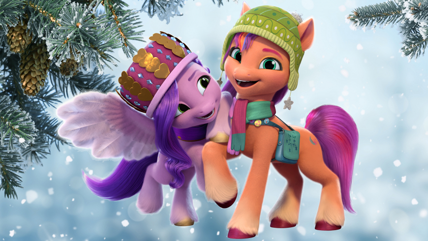 My Little Pony G5 Winter Christmas HD wallpaper Sunny Starscout, Zipp Storm, Izzy Moonbow, Hitch Trailblazer, Pipp Petals and Sparky Sparkeroni