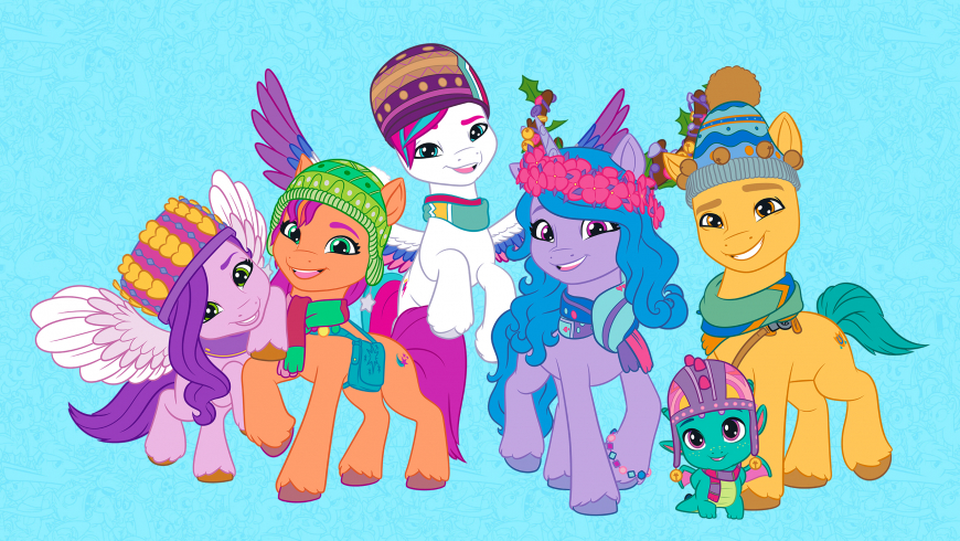 My Little Pony G5 Winter Christmas HD wallpaper Sunny Starscout, Zipp Storm, Izzy Moonbow, Hitch Trailblazer, Pipp Petals and Sparky Sparkeroni
