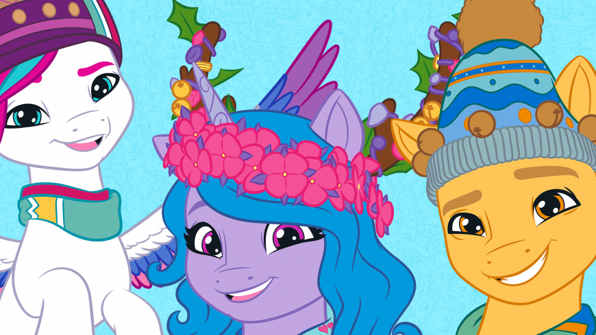 My Little Pony G5 Winter Christmas HD wallpaper Sunny Starscout, Zipp Storm, Izzy Moonbow, Hitch Trailblazer, Pipp Petals and Sparky Sparkeroni