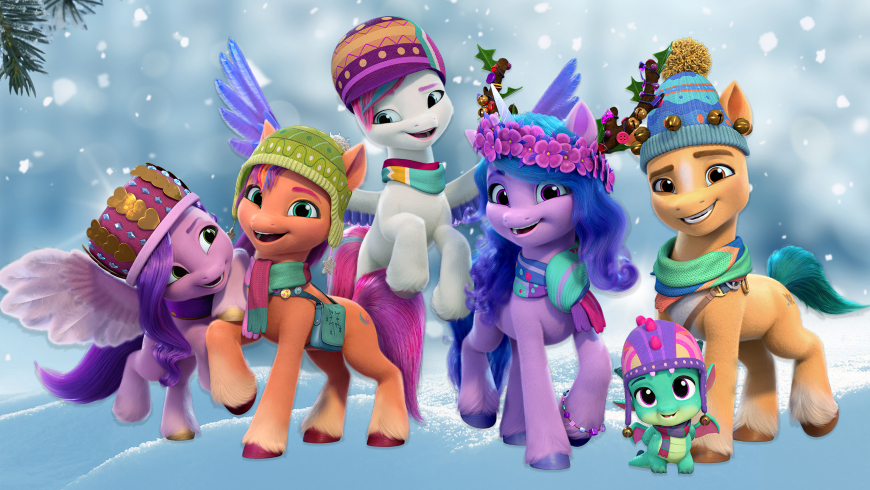 My Little Pony G5 Winter Christmas HD wallpaper Sunny Starscout, Zipp Storm, Izzy Moonbow, Hitch Trailblazer, Pipp Petals and Sparky Sparkeroni