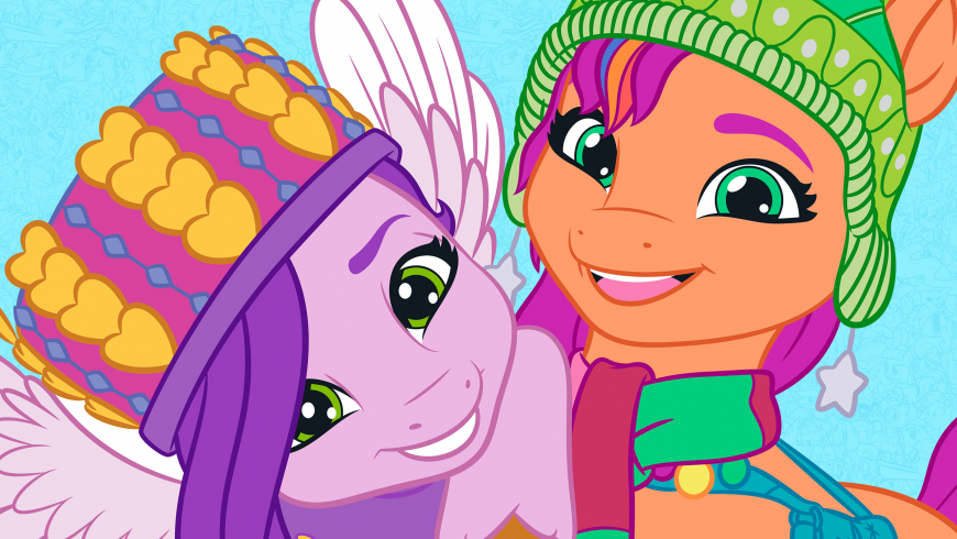 My Little Pony G5 Winter Christmas HD wallpaper Sunny Starscout, Zipp Storm, Izzy Moonbow, Hitch Trailblazer, Pipp Petals and Sparky Sparkeroni