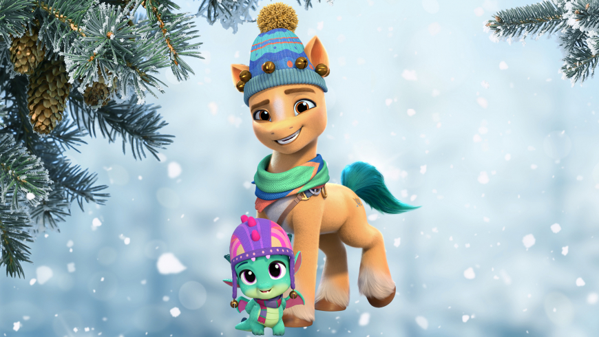 My Little Pony G5 Winter Christmas HD wallpaper Sunny Starscout, Zipp Storm, Izzy Moonbow, Hitch Trailblazer, Pipp Petals and Sparky Sparkeroni