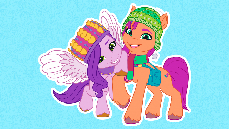 My Little Pony G5 Winter Christmas HD wallpaper Sunny Starscout, Zipp Storm, Izzy Moonbow, Hitch Trailblazer, Pipp Petals and Sparky Sparkeroni