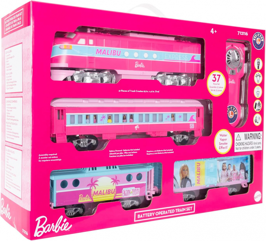 Lionel Mattel Barbie Battery O Gauge Toy Train Set with Remote and Water-Vapor Smoke Effects