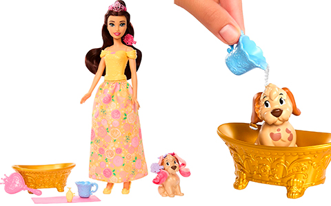 Mattel Disney Princess Belle Bathe & Brush Dog doll
