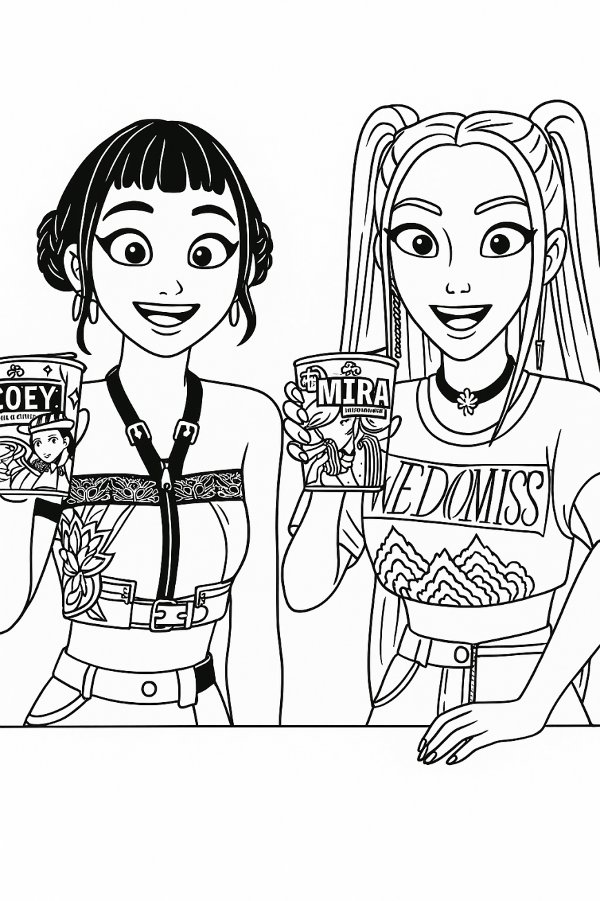 Mira and Zoey with ramen coloring page