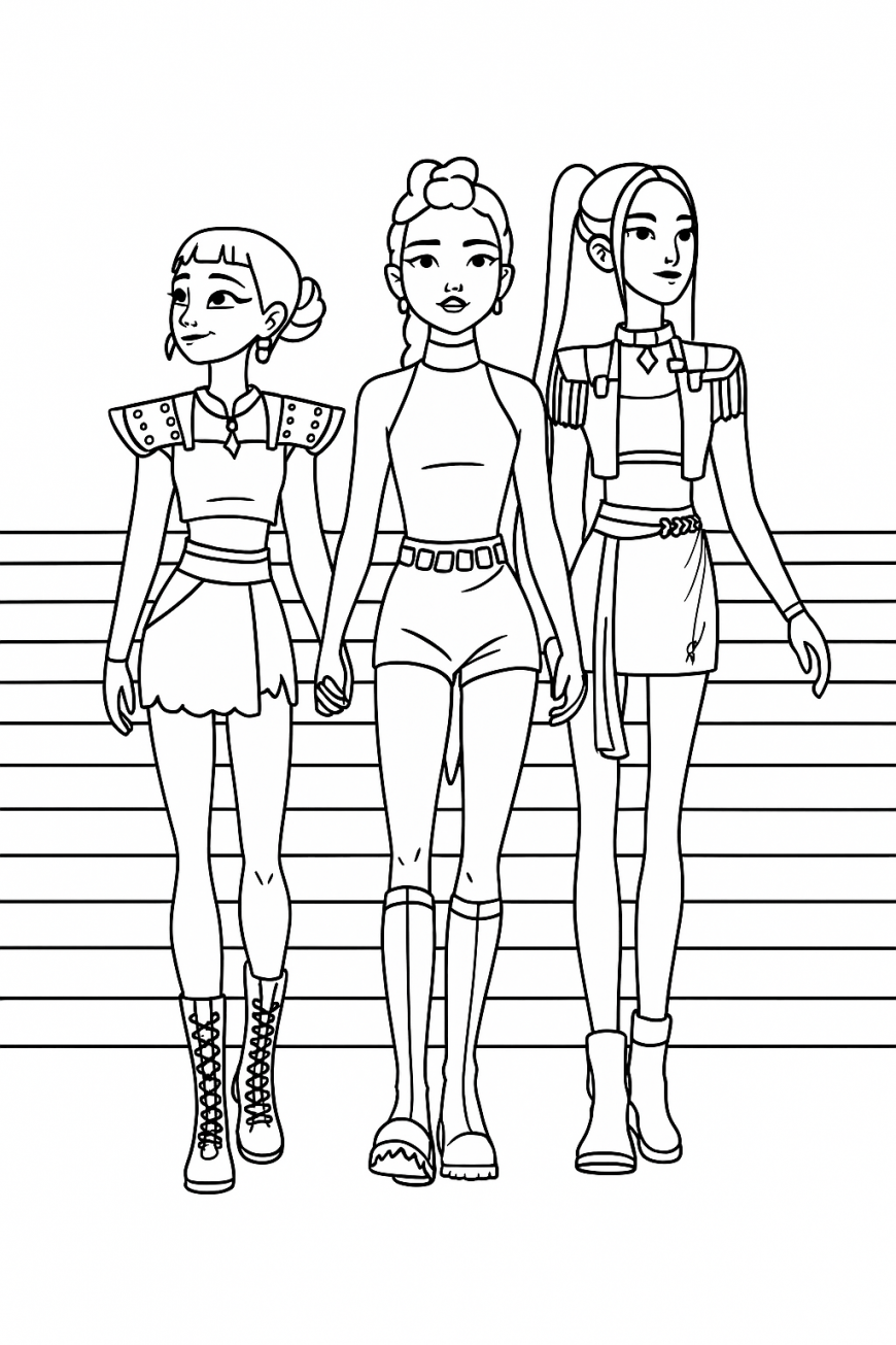 KPop Demon Hunters coloring page with girls
