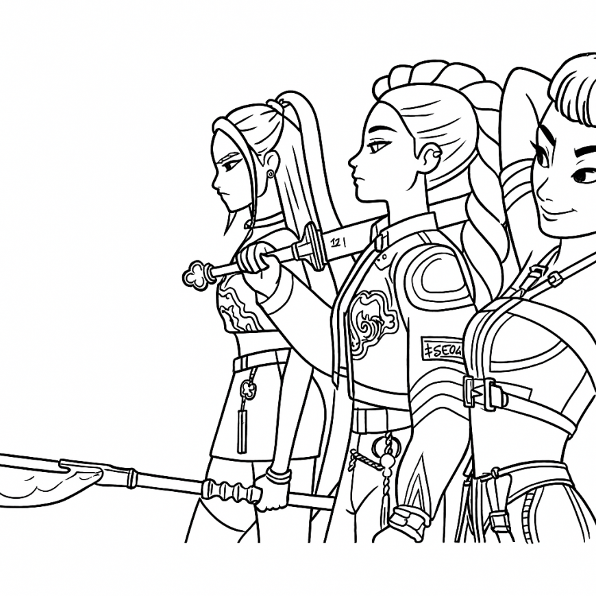 KPop Demon Hunters coloring page Mira, Zoey and Rumi