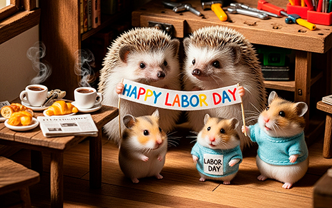 Happy Labor Day Cards with Cute Hedgehogs and Hamsters