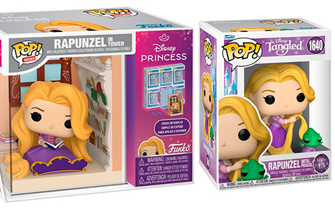 New Funko Pop Tangled 15th Anniversary figures: Rapunzel in Tower, Rapunzel with Pascal, Rapunzel with short hair and Flynn with pan.