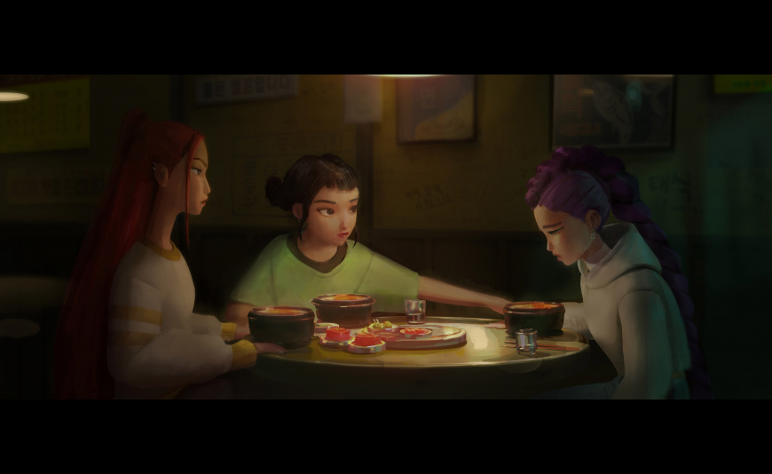 kpop demon hunters Color keys for the dinner, bath house and concerts sequence.