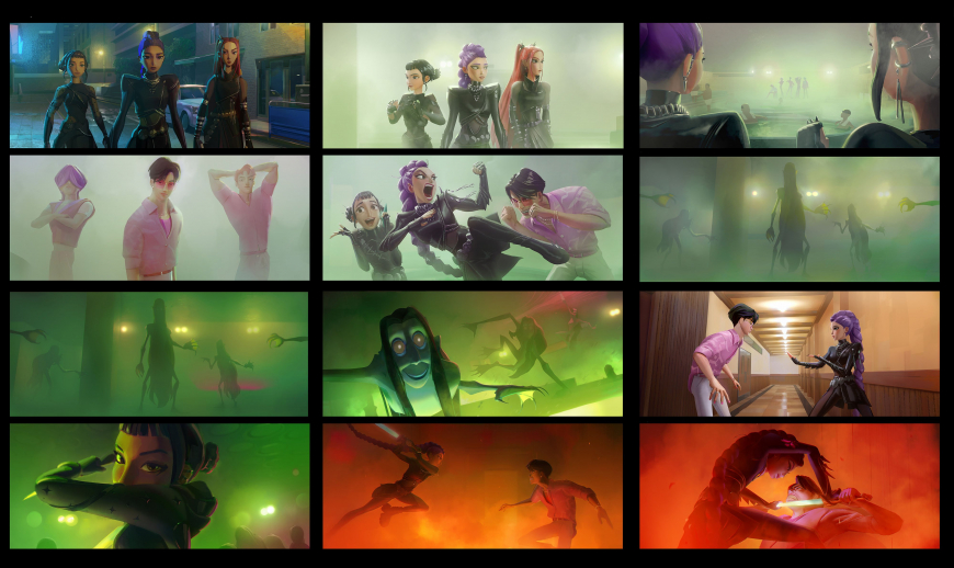 kpop demon hunters Color keys for the dinner, bath house and concerts sequence.
