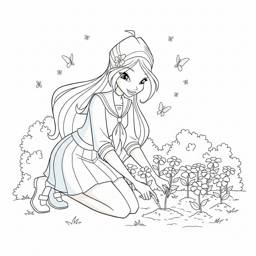 A Moment Before School coloring page Winx in garden
