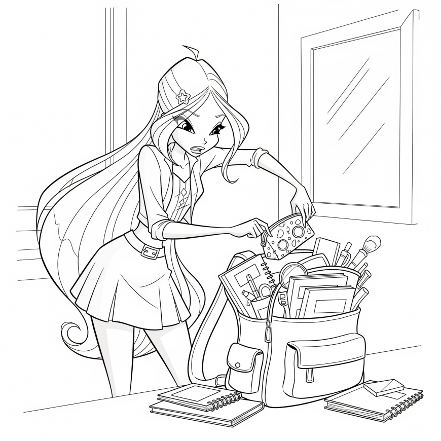 Packing the School Bag — Only the Essentials. Winx style coloring page