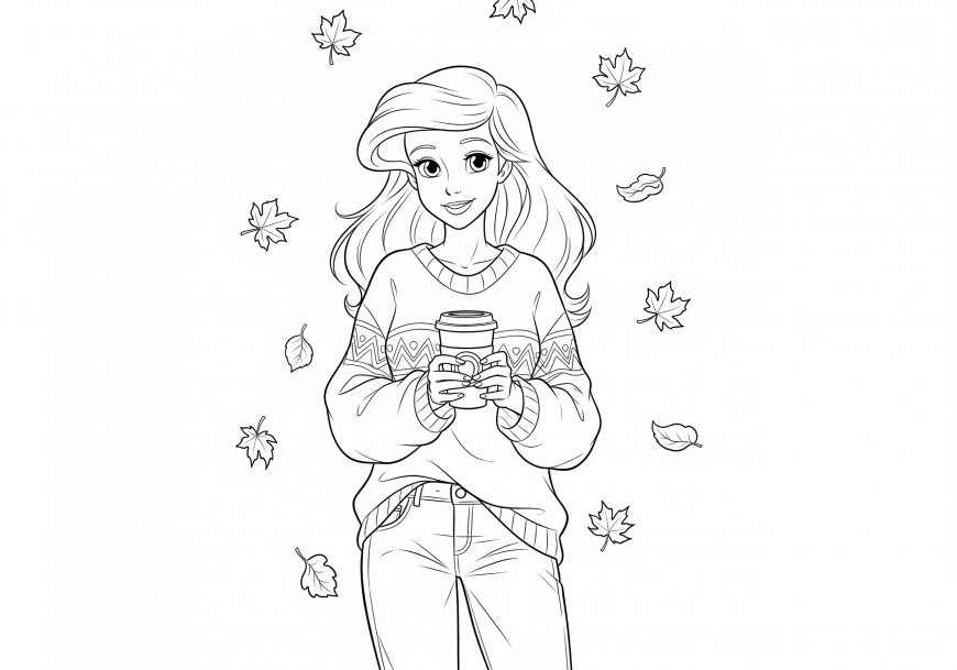 Ariel Coloring Page Cozy - Sweater and Hot Drink in Fall