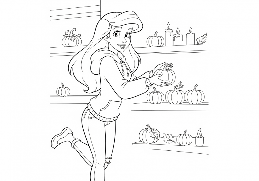 Ariel Coloring Page – Decorating with Pumpkins Indoors