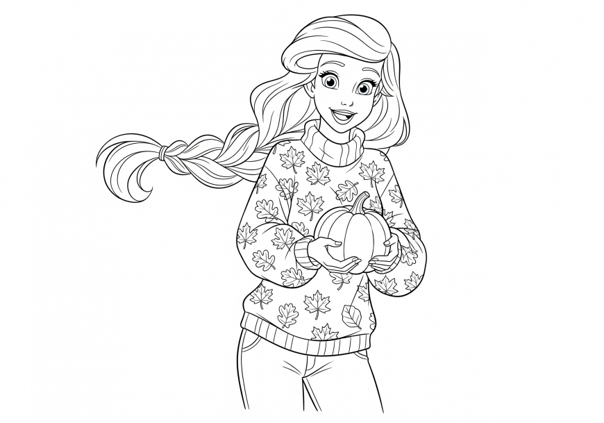 Ariel Coloring Page - Fall Outfit with Long Braid