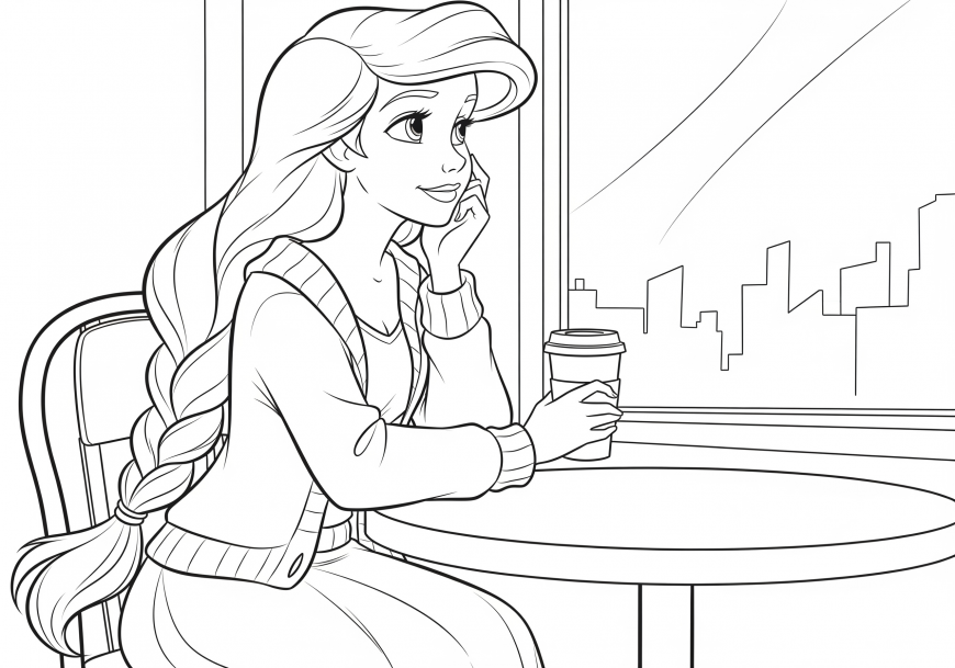 Ariel Coloring Page – Coffee Break in an Autumn City Cafe