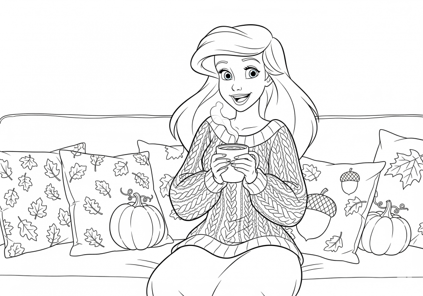 Ariel Coloring Page – Cozy Sofa with Pumpkins and Fall Pillows